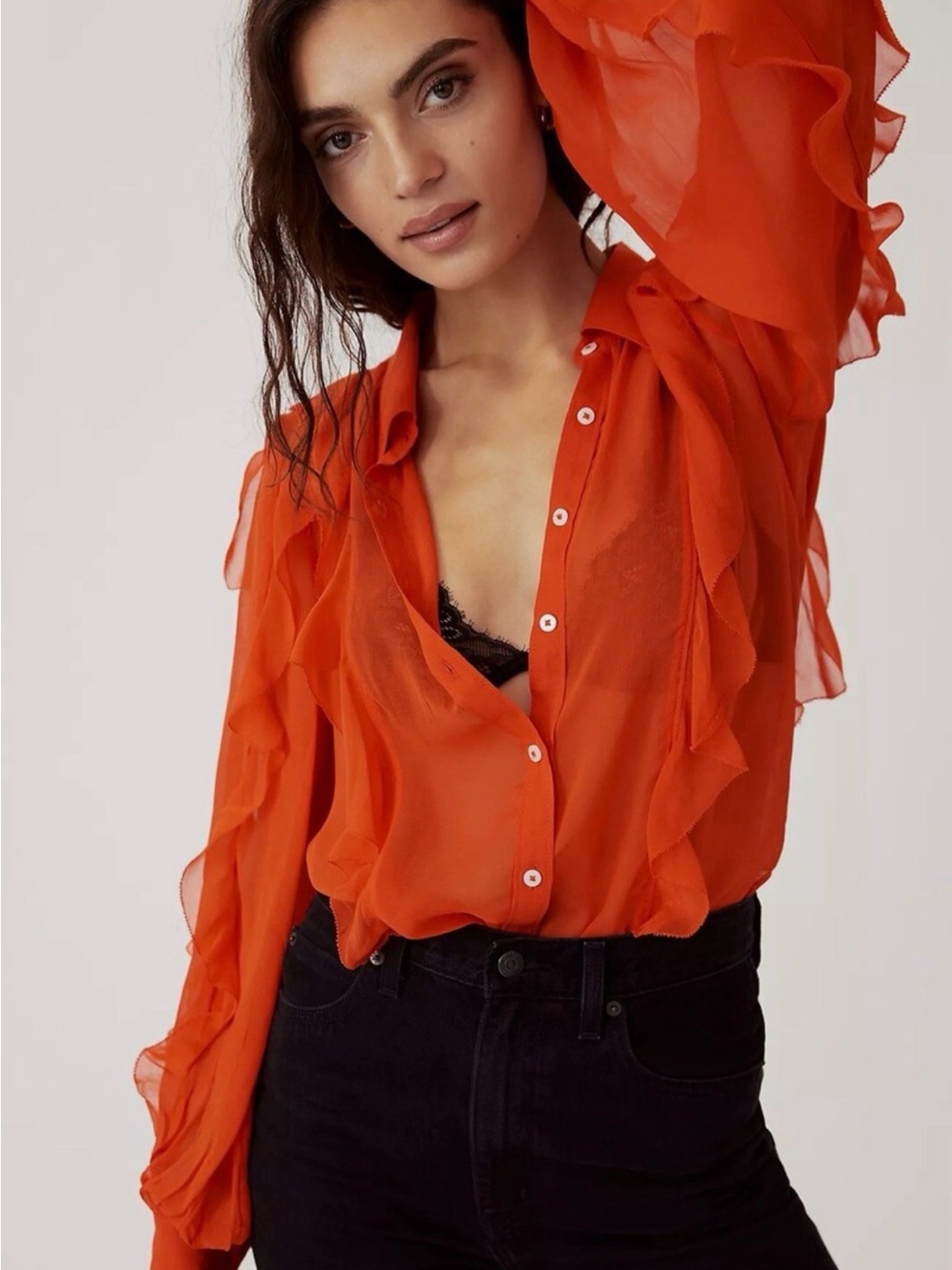 Maeve by Anthropologie orange sheer blouse with soft ruffles.